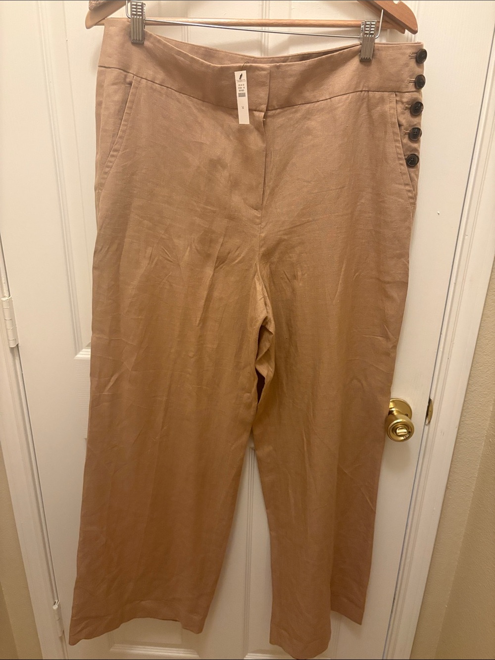 Talbots Camel Tan Wide-Leg Linen-Blend Pants with Side Buttons A106
